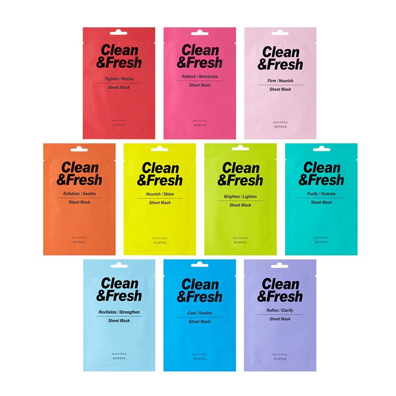 EUNYUL PACK OF 10 Clean  Fresh Sheet Mask 22 ml  074 floz 10 types Korean Sheet Mask Bundle Pack For All Skin Type Face Mask Pack